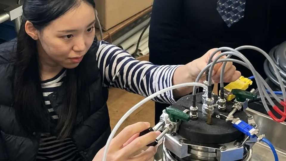 化学コースの学生が配管とバルブを備えた実験装置を操作する様子