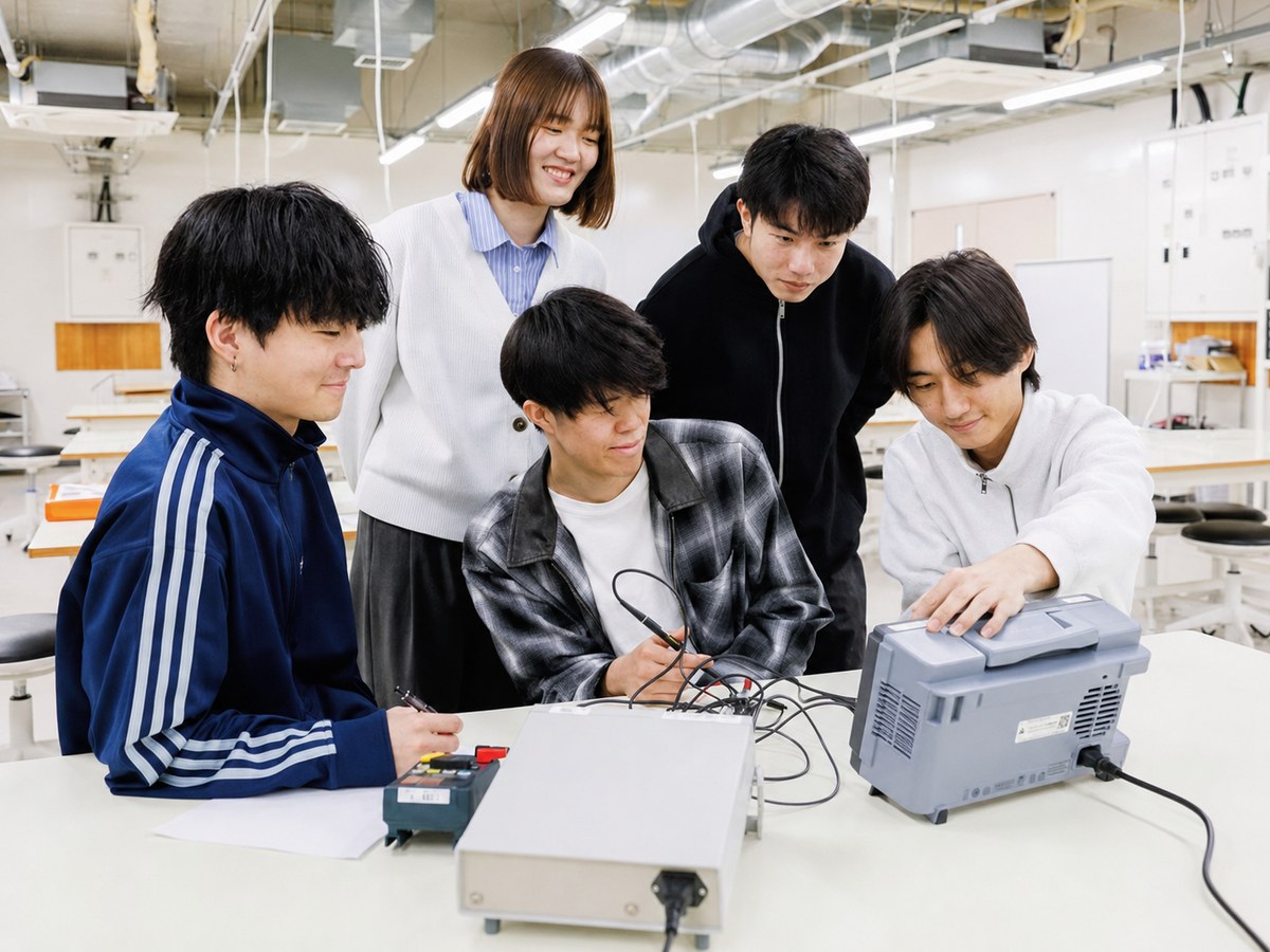 学生たちが実験装置を囲み、電気電子工学の実験に取り組んでいる様子