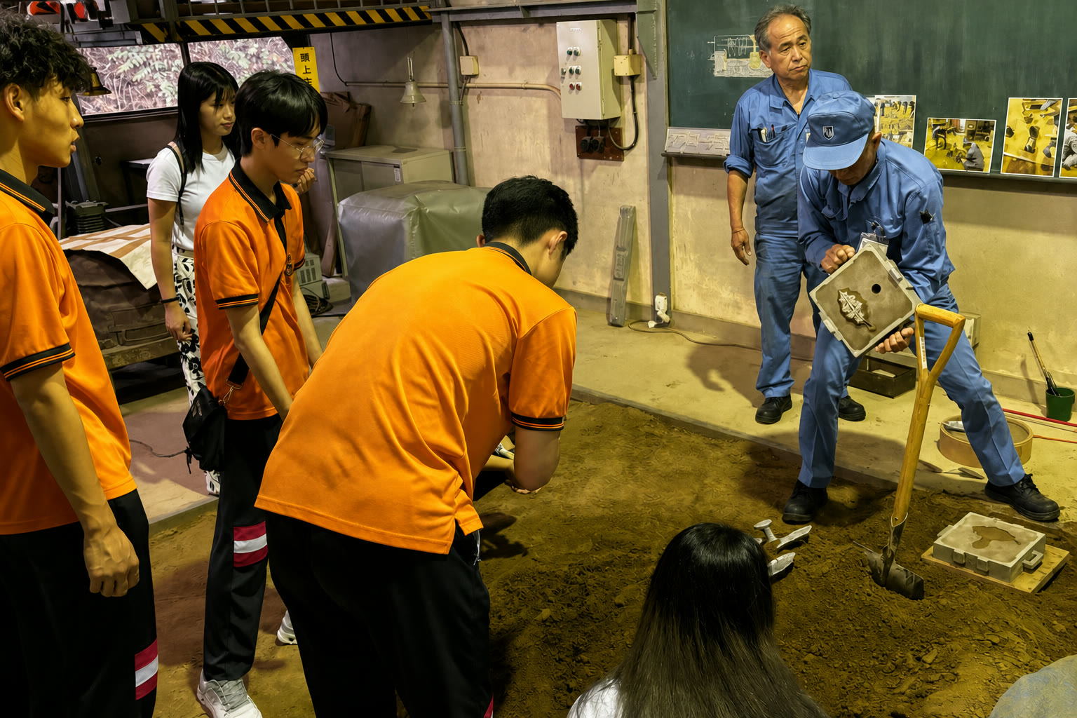 鋳造実習で砂型について説明を受ける台北市立大安高級工業職業学校の学生の皆さん