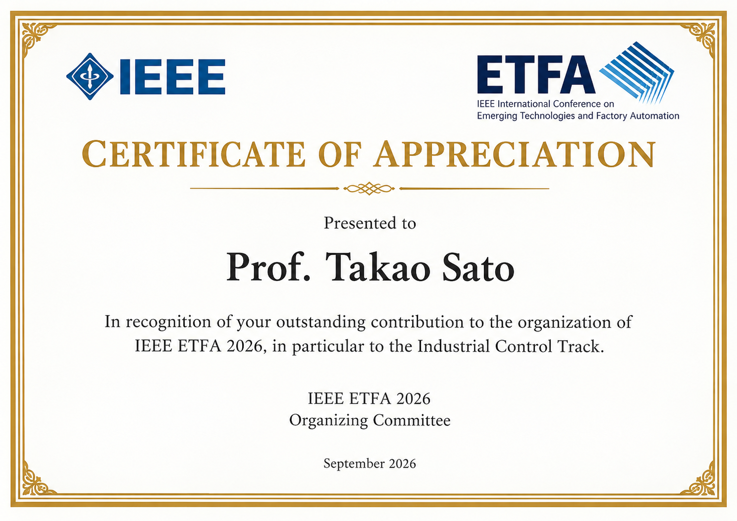 佐藤孝雄教授に授与されたIEEE ETFA2026 Certificate of Appreciation